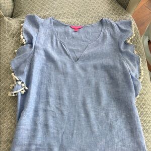 Lilly Pulitzer Light Blue Linen Pom-Pom Blouse